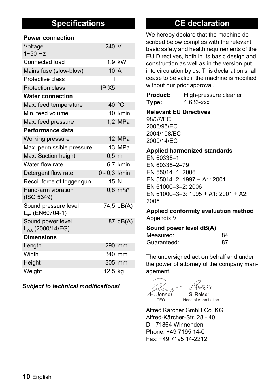 Specifications, Ce declaration | Karcher K 4.93 M User Manual | Page 10 / 12