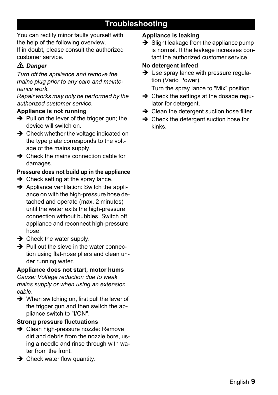 Troubleshooting | Karcher K 4.93 M User Manual | Page 9 / 12