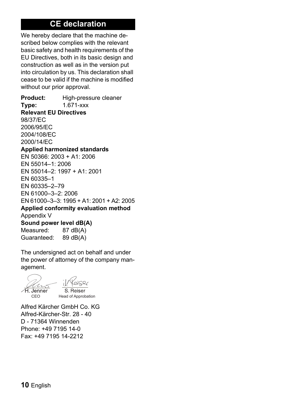 Ce declaration | Karcher K 2.110 M User Manual | Page 10 / 12