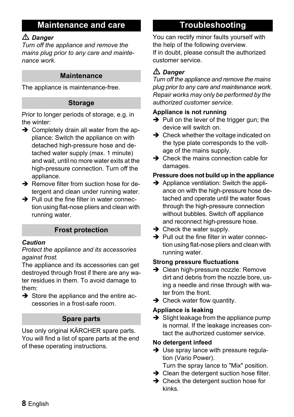 Maintenance and care, Troubleshooting | Karcher K 2.110 M User Manual | Page 8 / 12