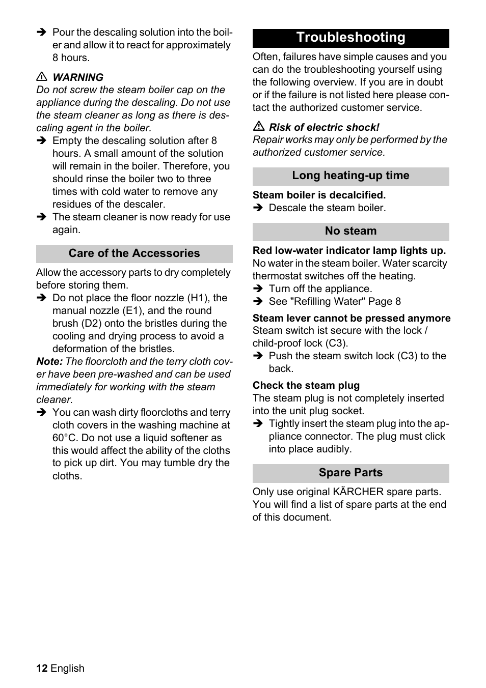 Troubleshooting | Karcher SC 1122 User Manual | Page 12 / 16