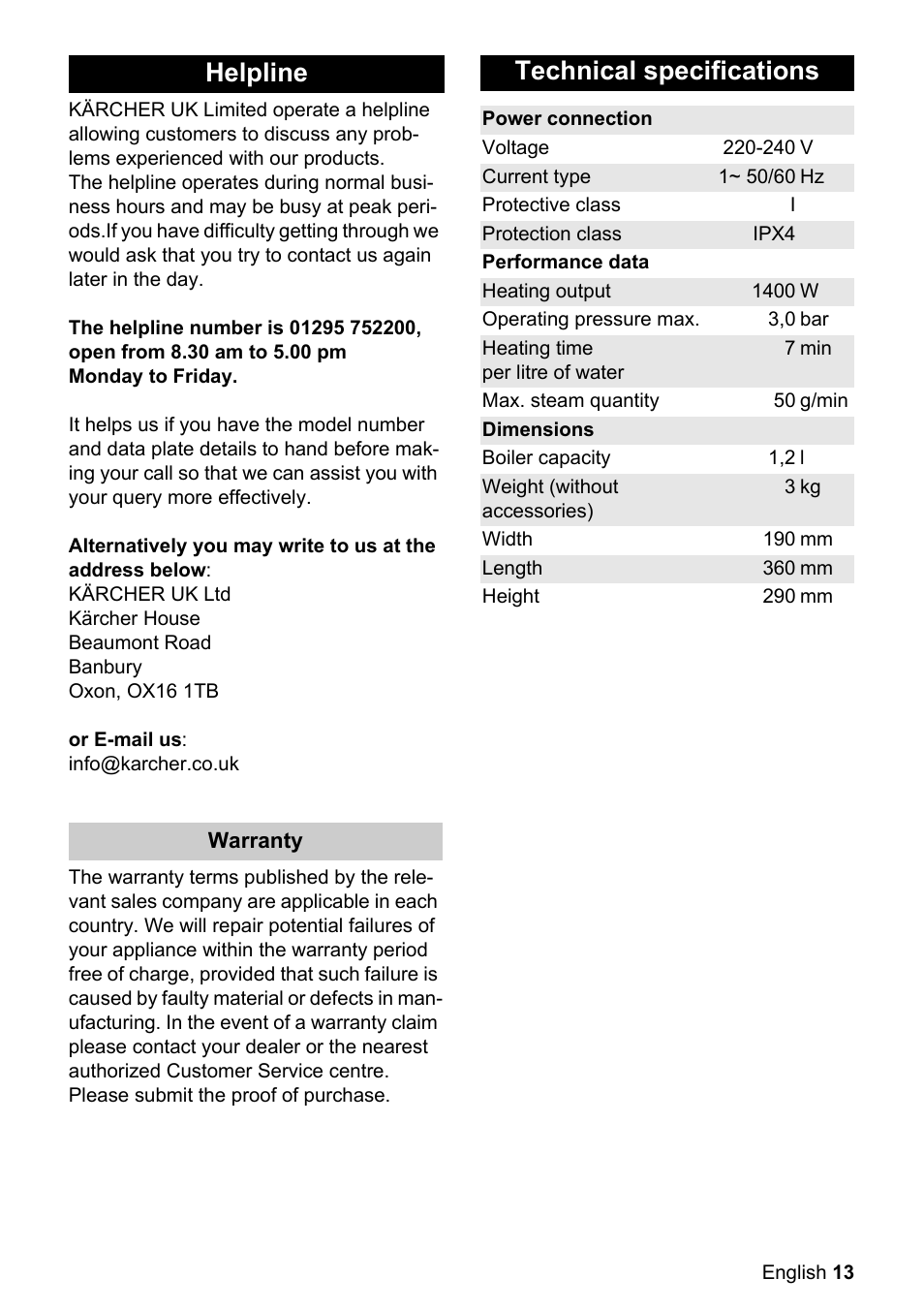Helpline, Technical specifications | Karcher SC 1122 User Manual | Page 13 / 16