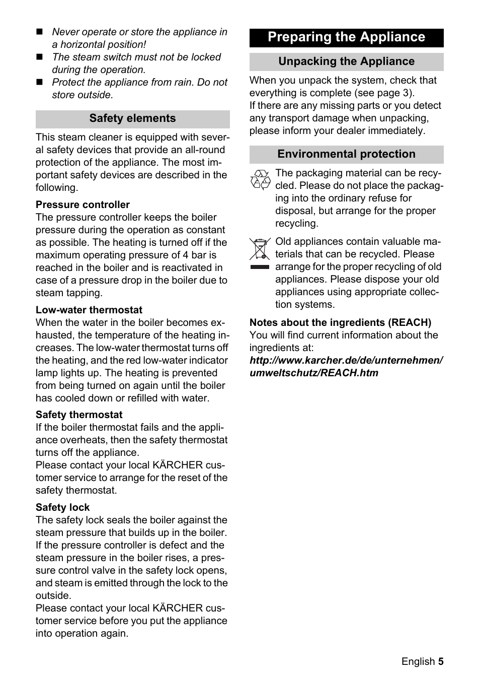 Preparing the appliance | Karcher SC 1122 User Manual | Page 5 / 16