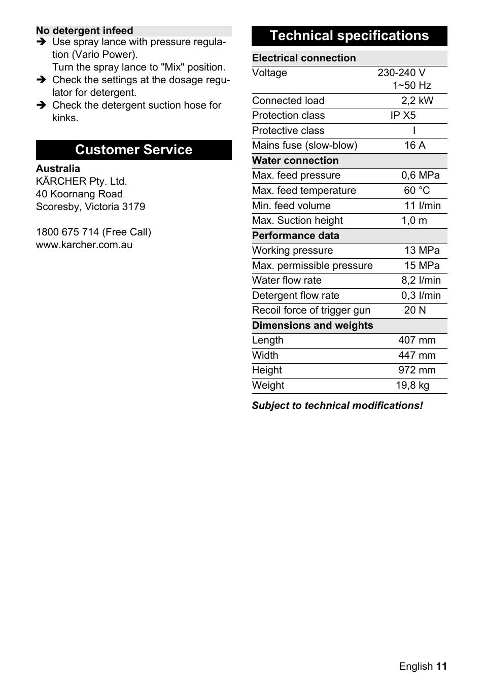 Customer service technical specifications | Karcher K 6.450 User Manual | Page 11 / 16