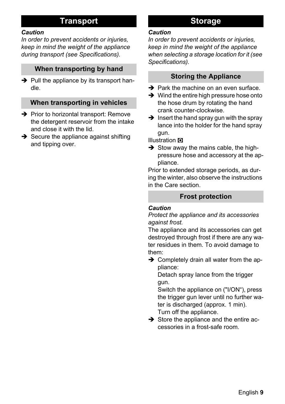 Transport, Storage | Karcher K 6.450 User Manual | Page 9 / 16
