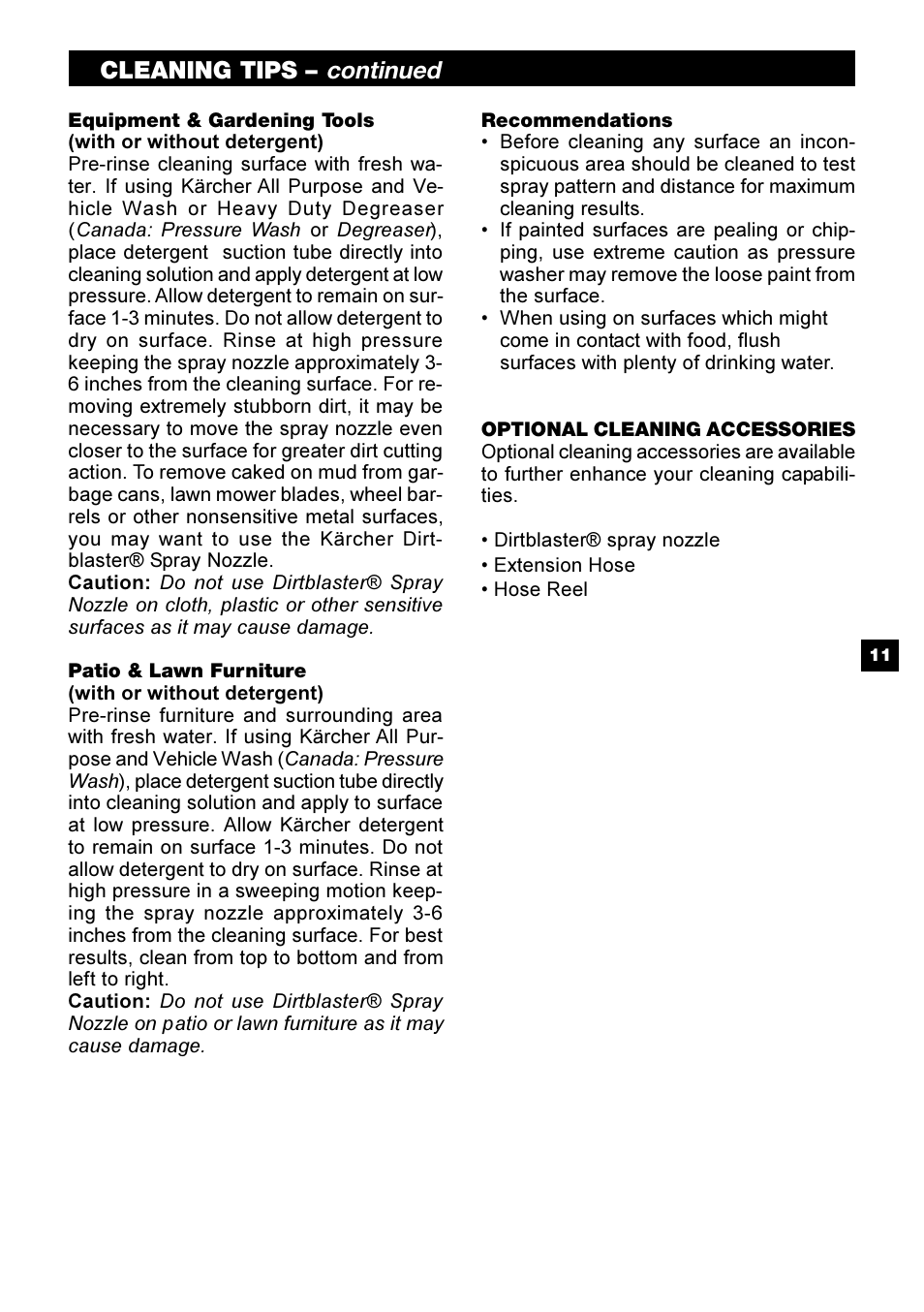 Continued, Cleaning tips | Karcher G 2500 OH User Manual | Page 11 / 13