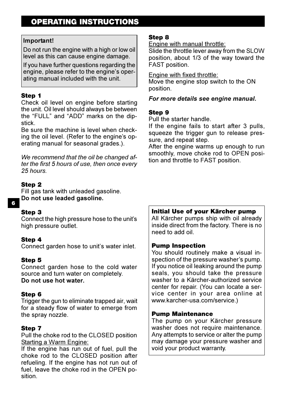 Operating instructions | Karcher G 2500 OH User Manual | Page 6 / 13