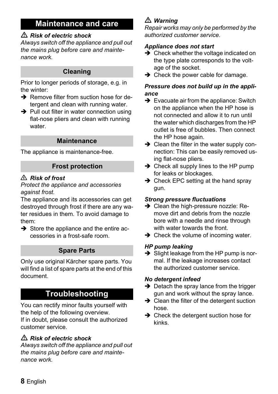 Maintenance and care, Troubleshooting | Karcher K 2.54 M User Manual | Page 8 / 12