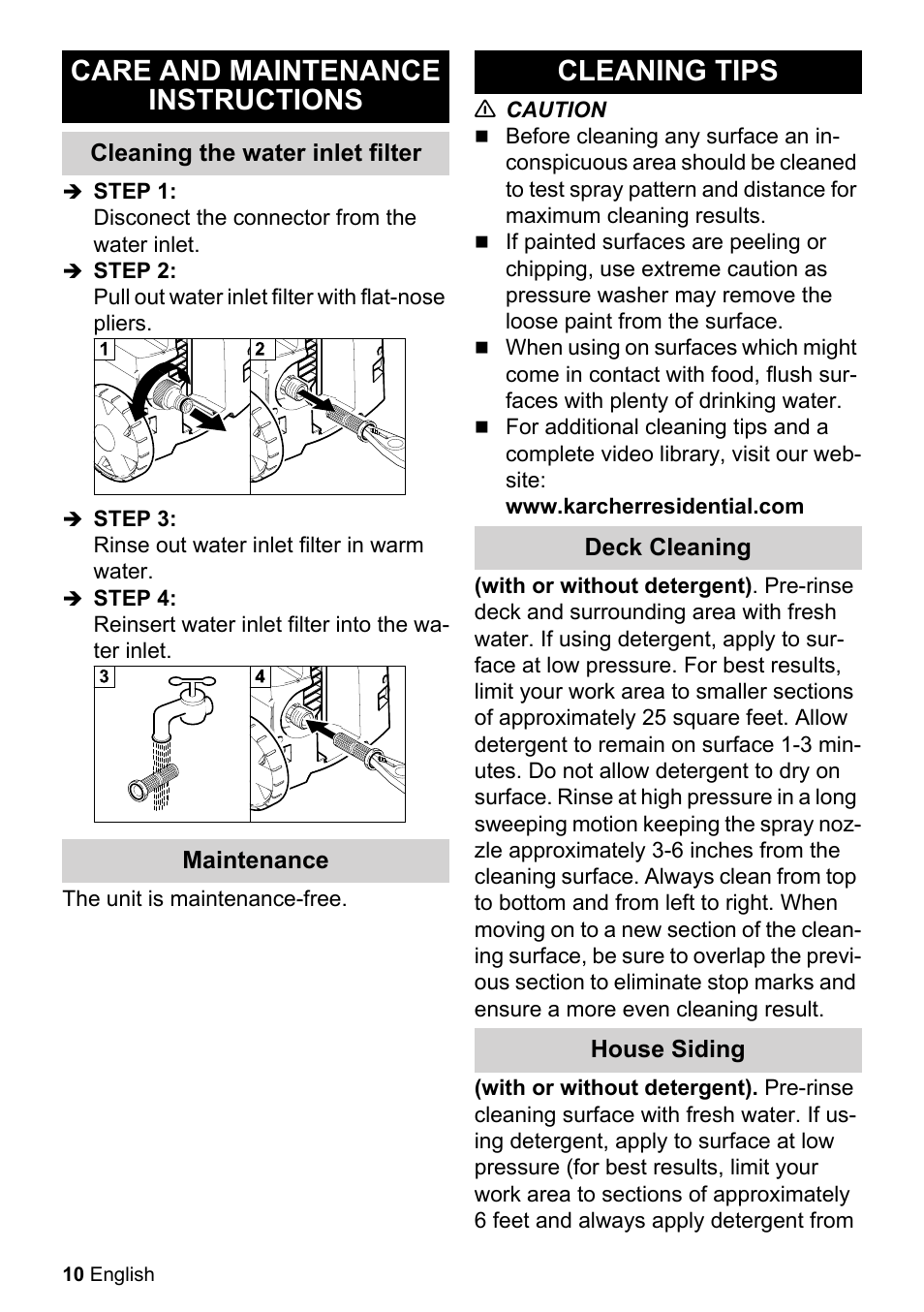 Care and maintenance instructions, Cleaning tips | Karcher K 2.27 User Manual | Page 10 / 48