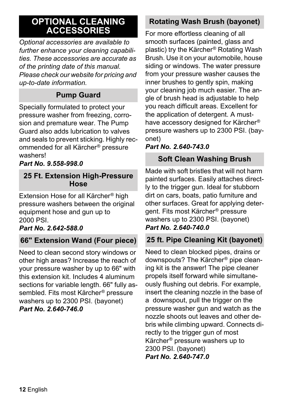 Optional cleaning accessories | Karcher K 2.27 User Manual | Page 12 / 48