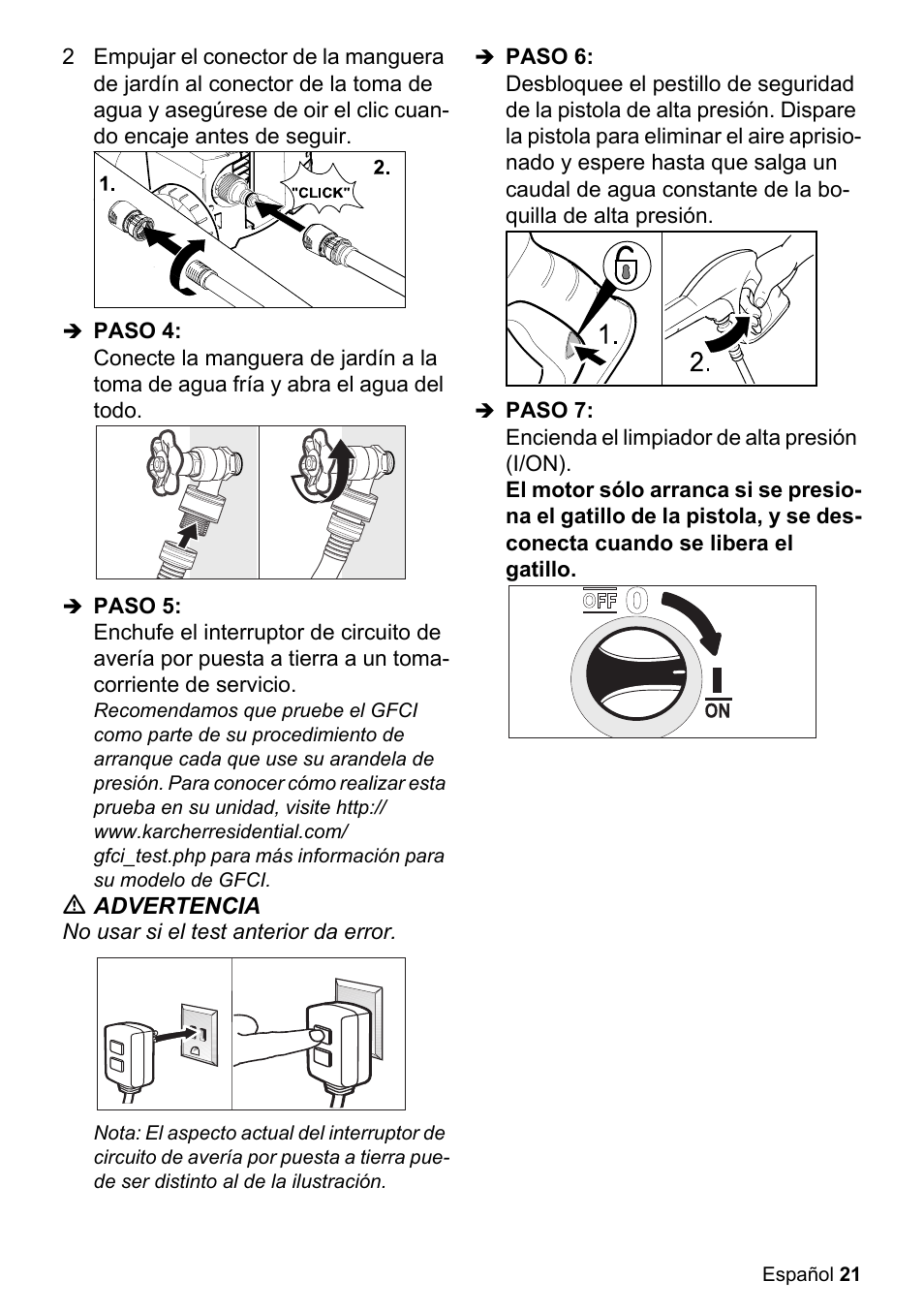 Paso 4, Paso 5, M advertencia | No usar si el test anterior da error, Paso 6, Paso 7, Encienda el limpiador de alta presión (i/on) | Karcher K 2.27 User Manual | Page 21 / 48