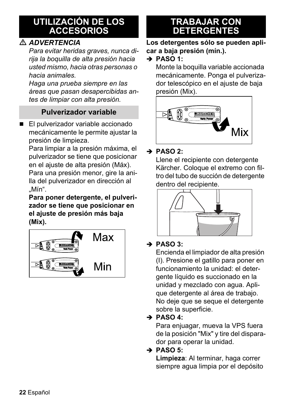 Utilización de los accesorios, M advertencia, Pulverizador variable | Trabajar con detergentes, Paso 1, Paso 2, Paso 3, Paso 4, Paso 5 | Karcher K 2.27 User Manual | Page 22 / 48