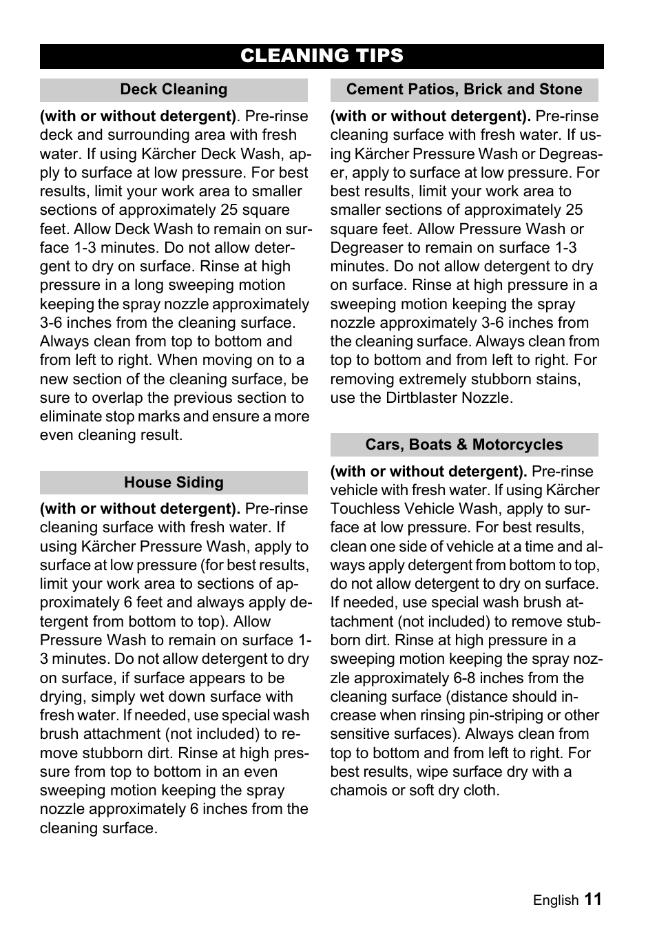 Cleaning tips | Karcher K 2.16 User Manual | Page 11 / 48