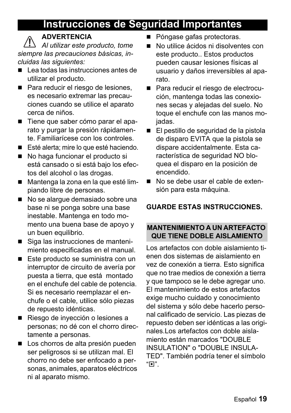 Instrucciones de seguridad importantes | Karcher K 2.16 User Manual | Page 19 / 48