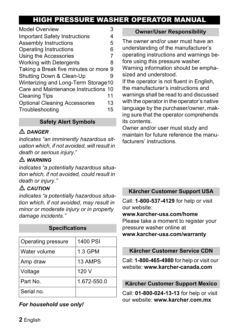 High pressure washer operator manual | Karcher K 2.16 User Manual | Page 2 / 48