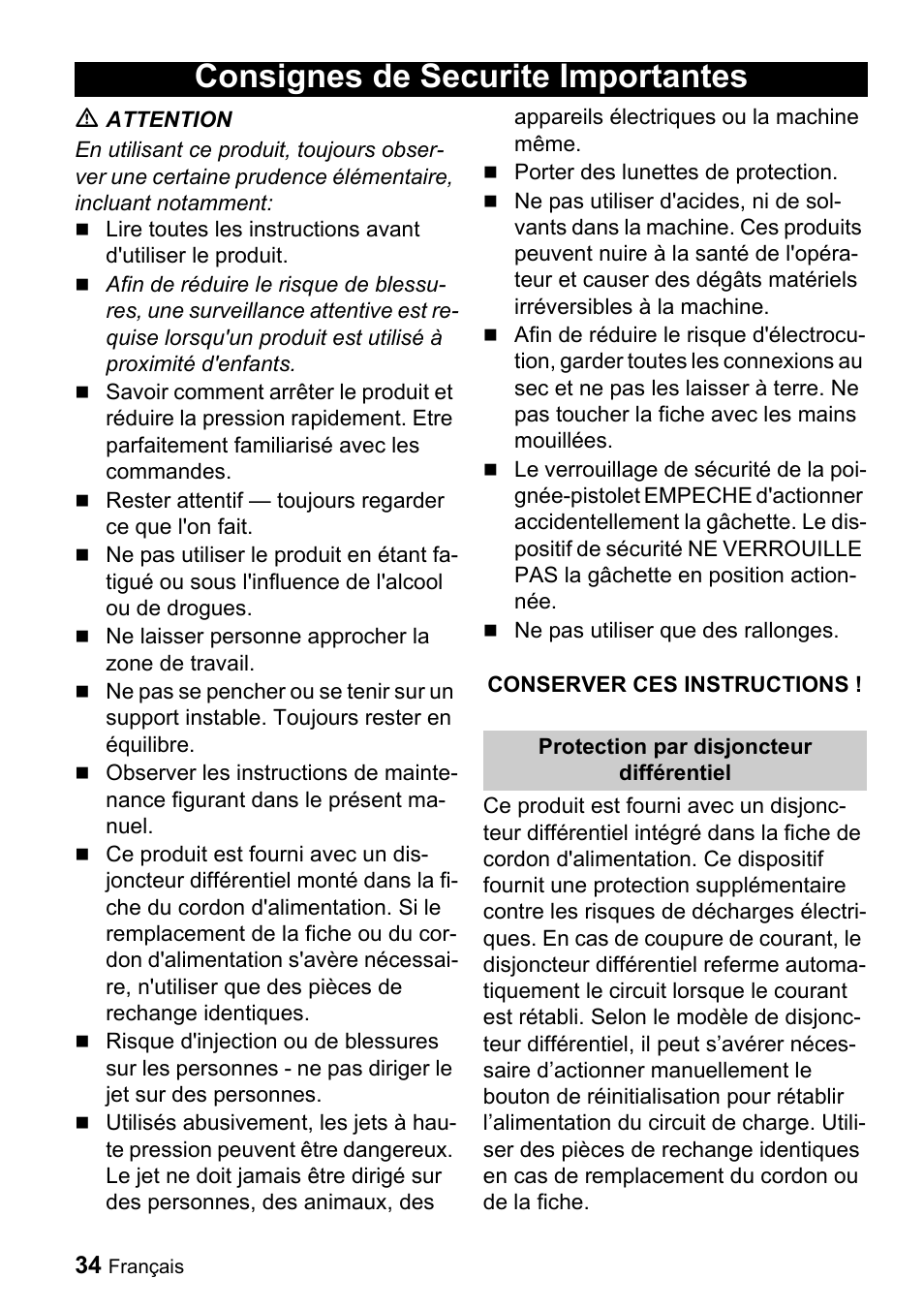 Consignes de securite importantes | Karcher K 2.16 User Manual | Page 34 / 48