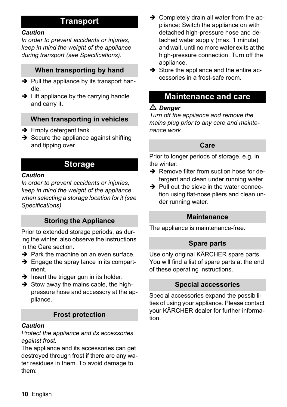 Transport, Storage, Maintenance and care | Karcher K 2.399 User Manual | Page 10 / 16