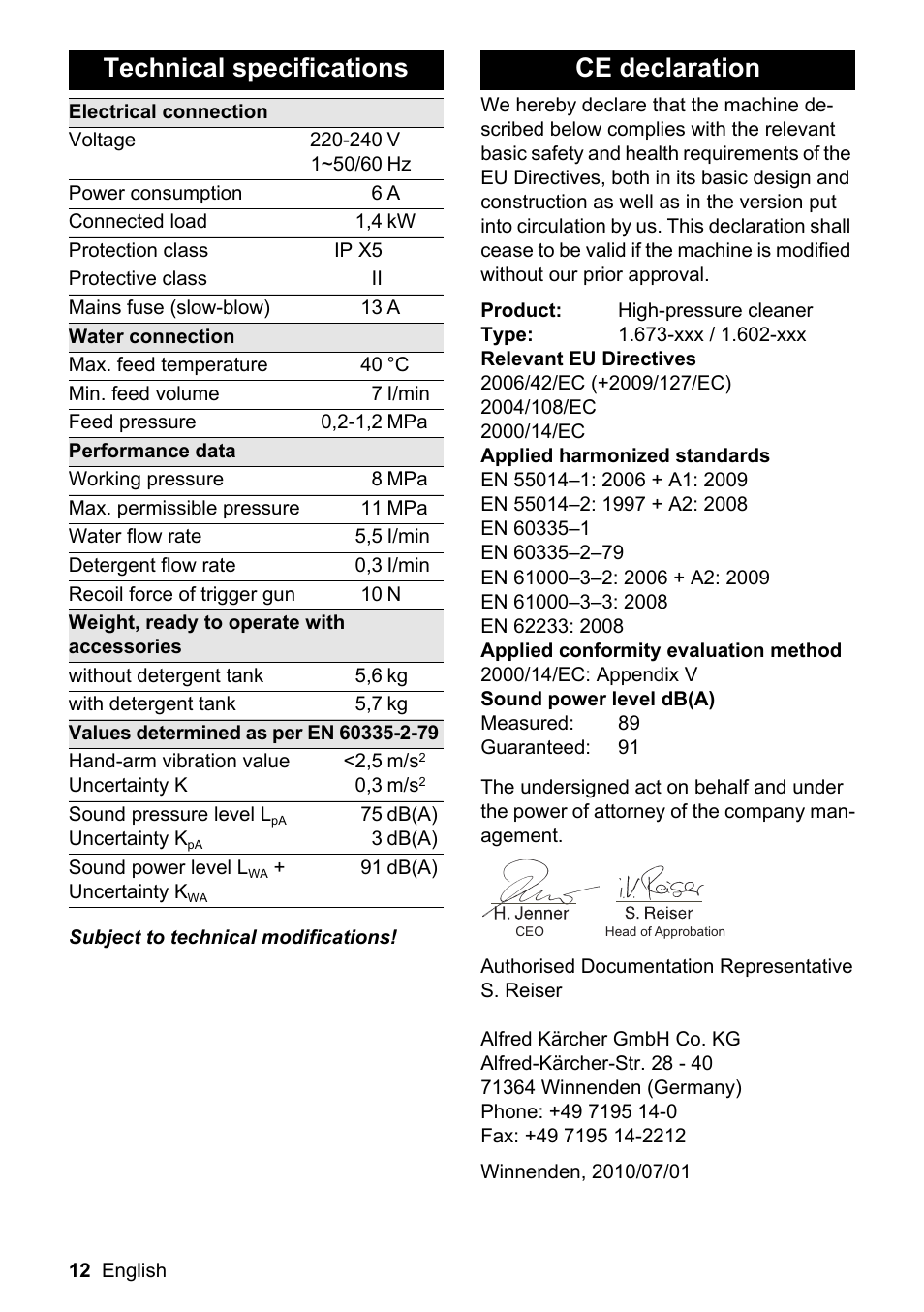 Technical specifications, Ce declaration | Karcher K 2.399 User Manual | Page 12 / 16