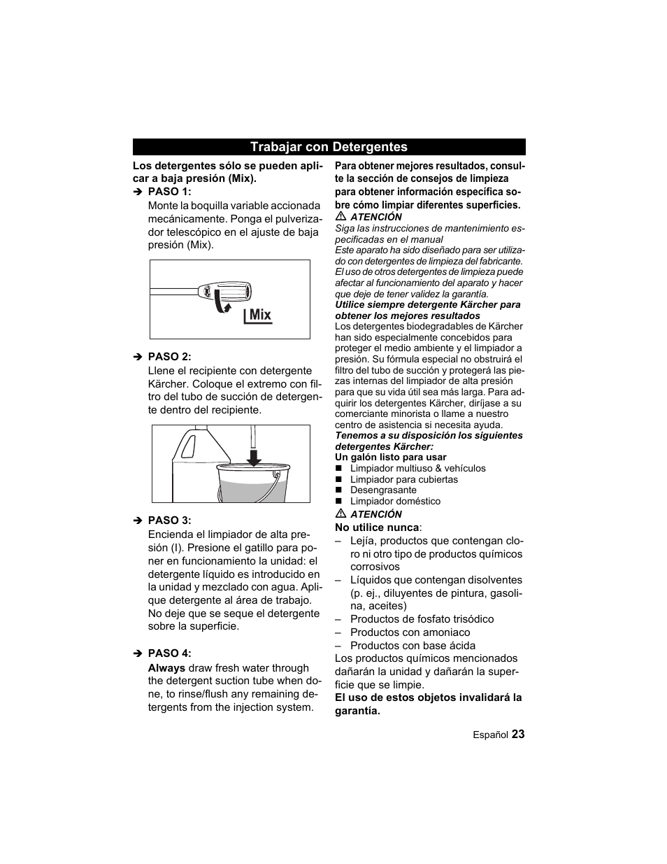 Trabajar con detergentes | Karcher K 2.21 User Manual | Page 23 / 48