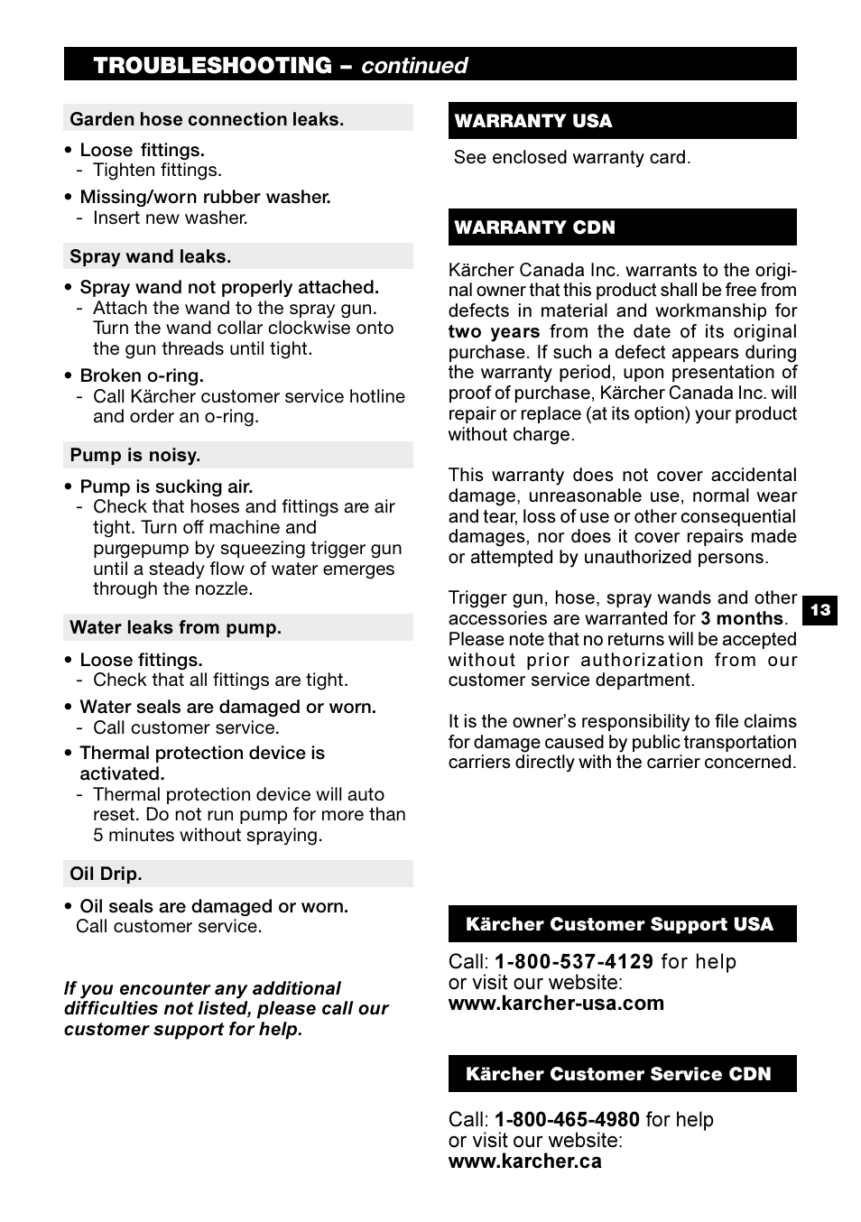 Continued, Troubleshooting | Karcher G 2800 OH User Manual | Page 13 / 40