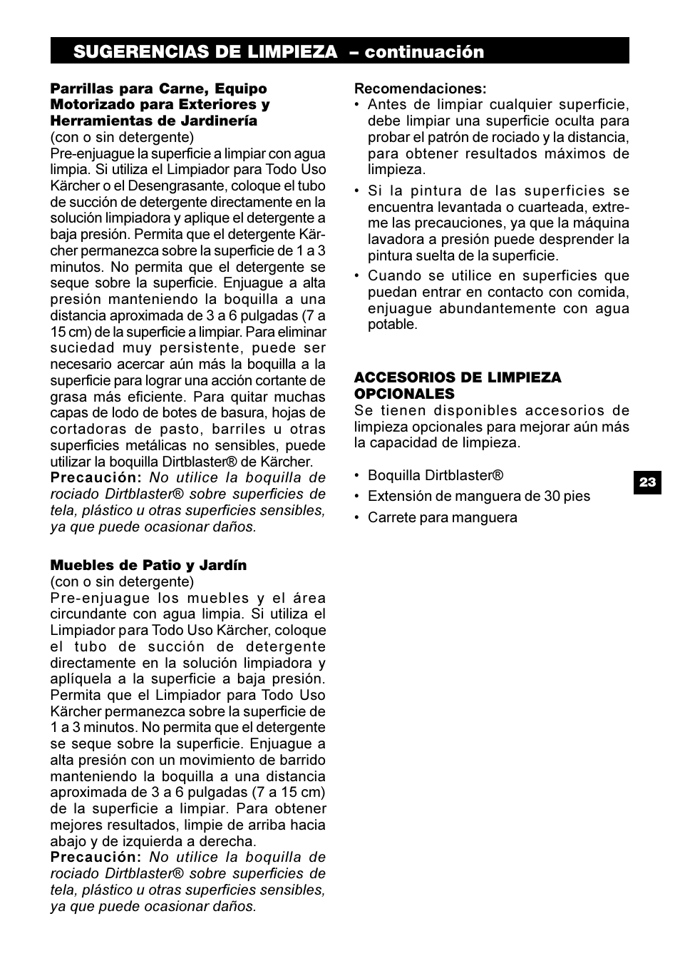 Sugerencias de limpieza – continuación | Karcher G 2800 OH User Manual | Page 23 / 40