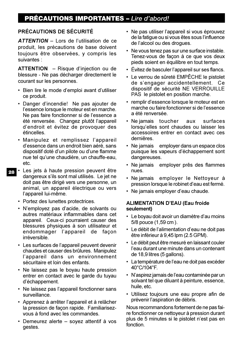 Précautions importantes – lire d’abord | Karcher G 2800 OH User Manual | Page 28 / 40