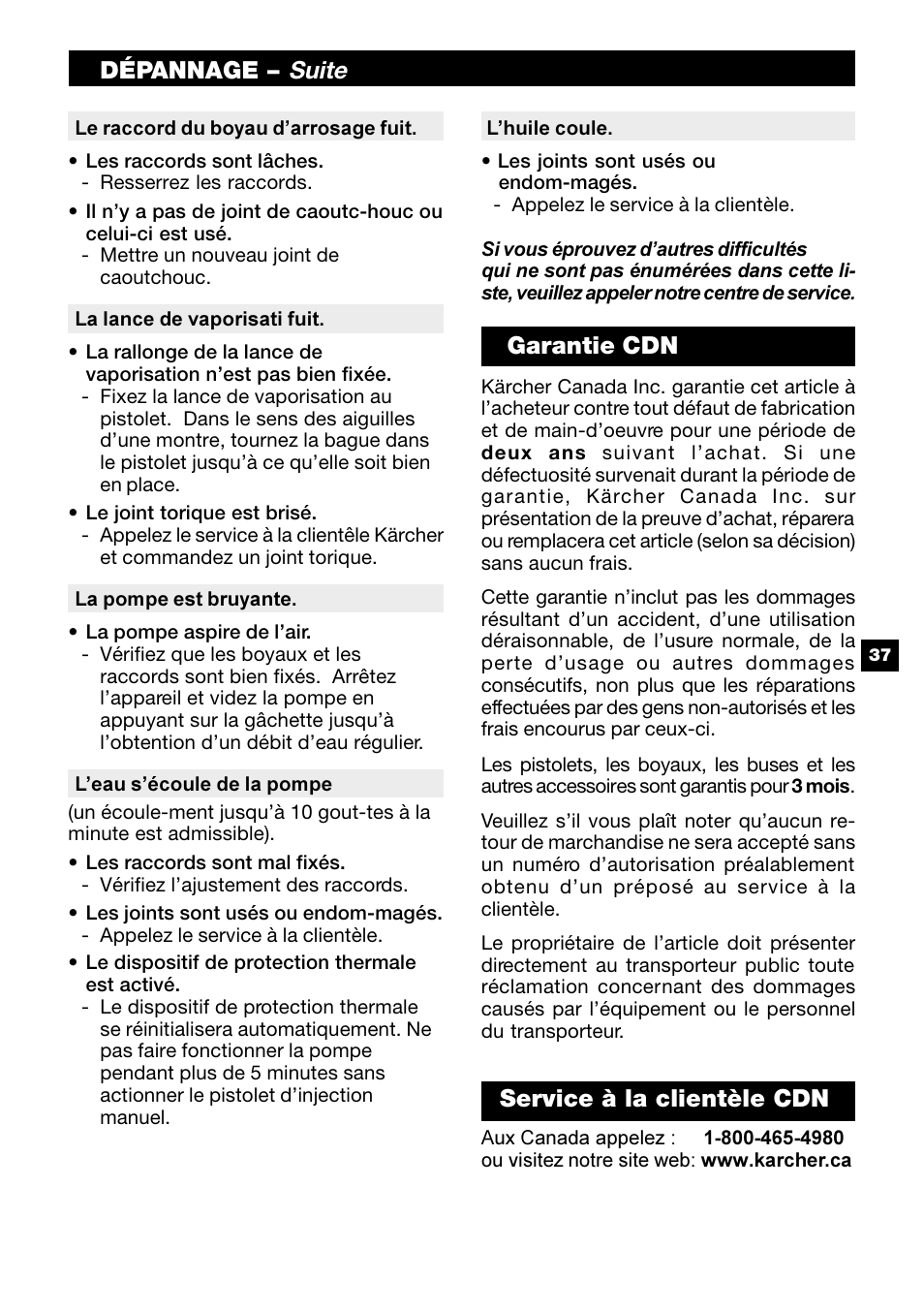 Suite, Dépannage, Garantie cdn | Service à la clientèle cdn | Karcher G 2800 OH User Manual | Page 37 / 40