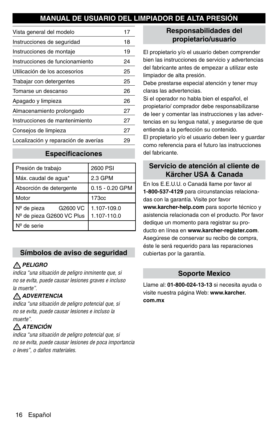 Símbolos de aviso de seguridad soporte mexico | Karcher G 2600 VC PLUS User Manual | Page 16 / 46