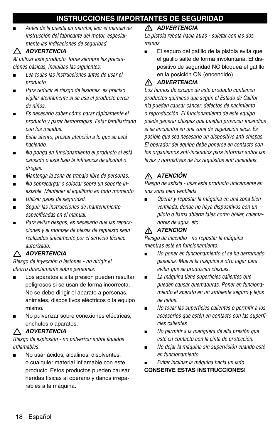 Instrucciones importantes de seguridad | Karcher G 2600 VC PLUS User Manual | Page 18 / 46