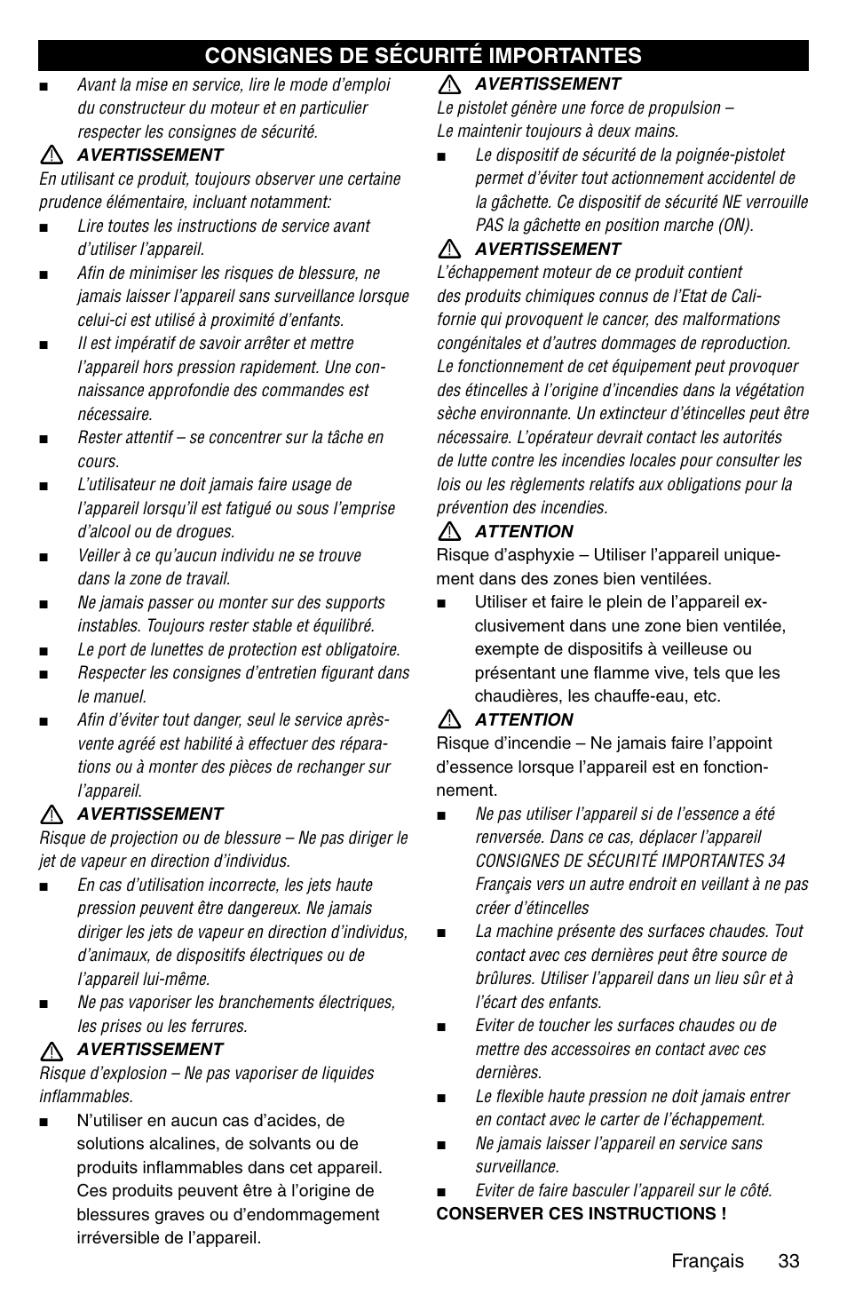 Consignes de sécurité importantes | Karcher G 2600 VC PLUS User Manual | Page 33 / 46