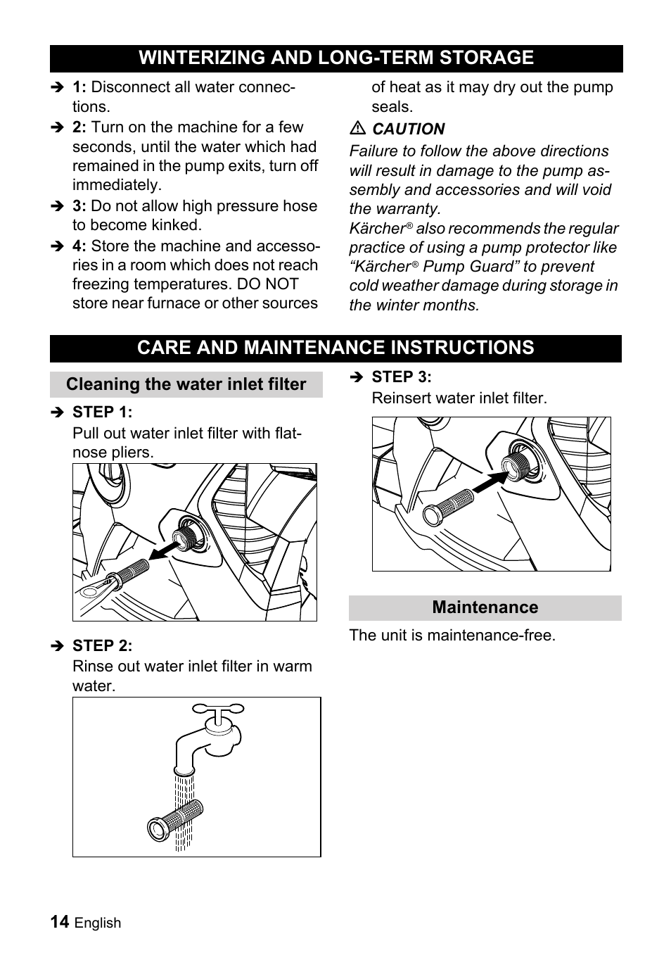 Winterizing and long-term, Storage, Care and maintenance in | Structions | Karcher K 5.540 User Manual | Page 14 / 64