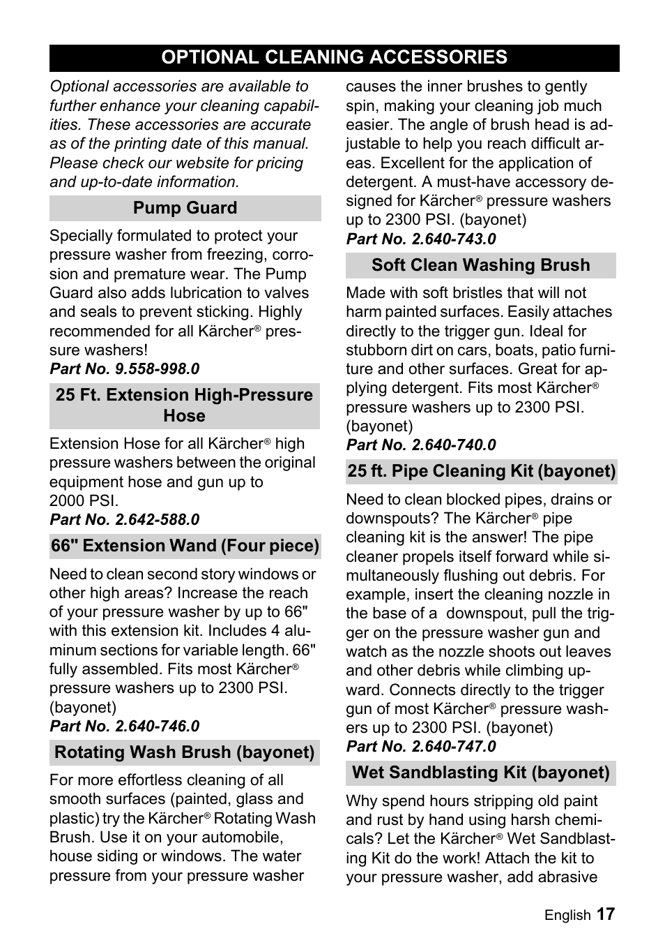 Optional cleaning accesso, Ries, Optional cleaning accessories | Karcher K 5.540 User Manual | Page 17 / 64
