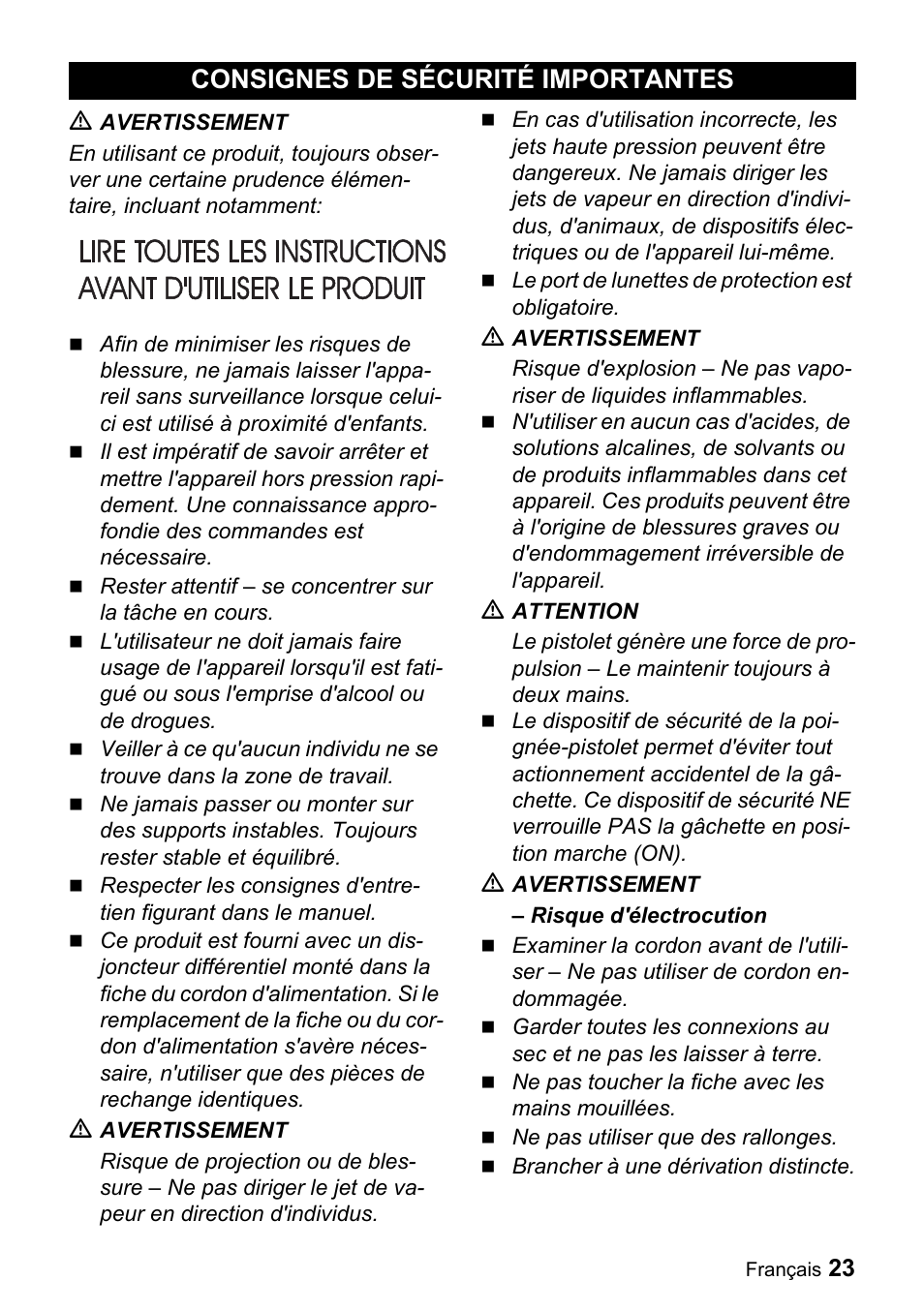 Consignes de sécurité im, Portantes, Consignes de sécurité importantes | Karcher K 5.540 User Manual | Page 23 / 64