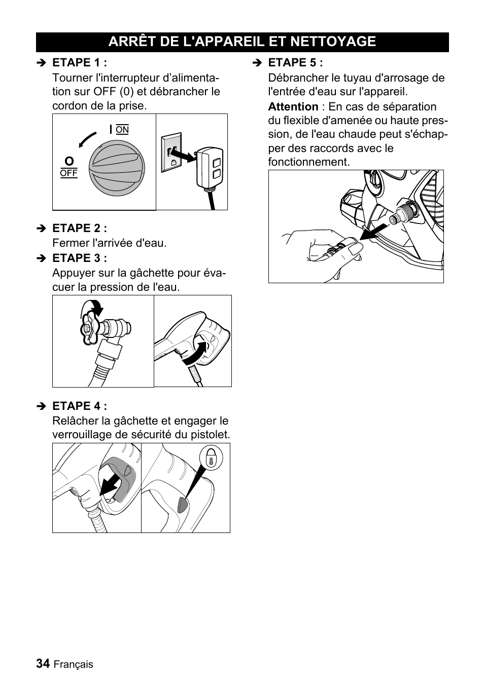 Arrêt de l'appareil et nettoyage | Karcher K 5.540 User Manual | Page 34 / 64