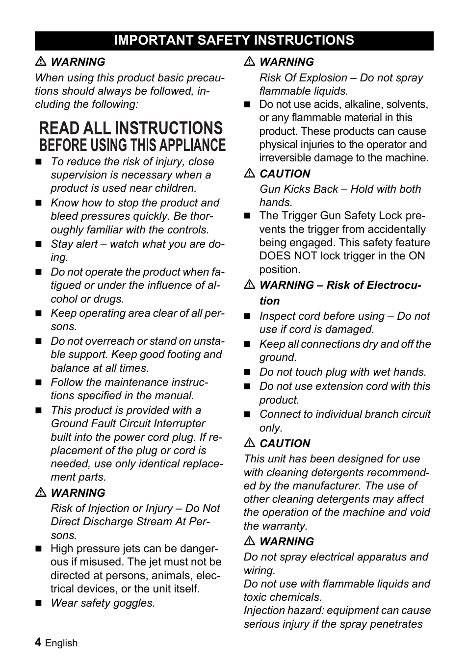Important safety instruc, Tions, Important safety instructions | Karcher K 5.540 User Manual | Page 4 / 64