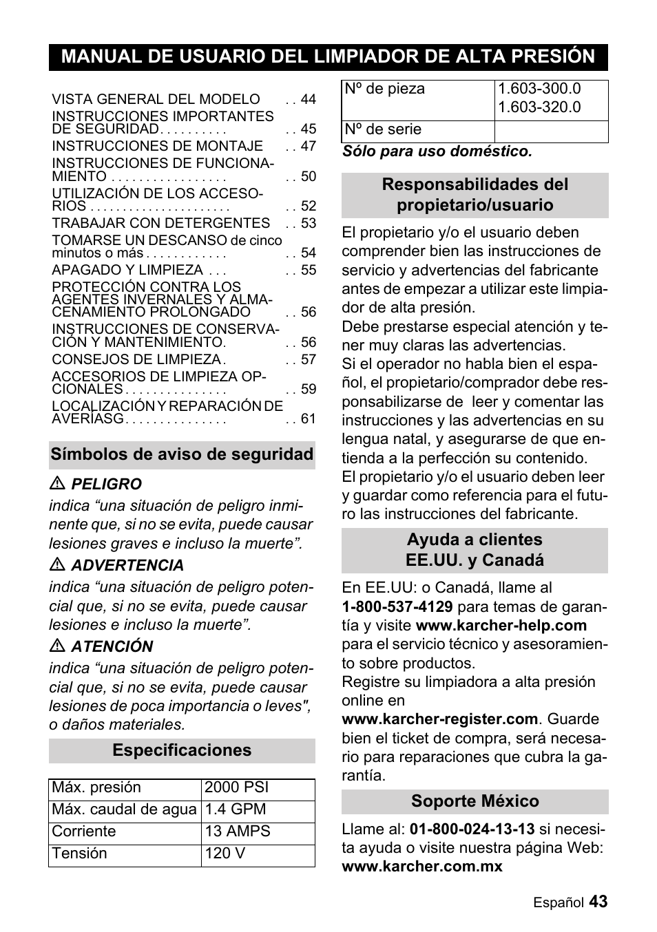 Manual de usuario del limpiador de alta presión, 43 ƽ, Símbolos de aviso de seguridad especificaciones | Karcher K 5.540 User Manual | Page 43 / 64