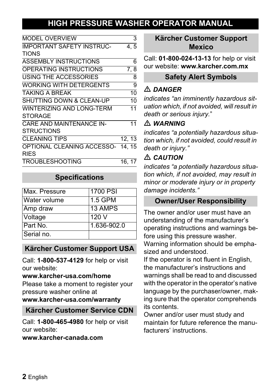 High pressure washer operator manual | Karcher K 3.91 M User Manual | Page 2 / 52