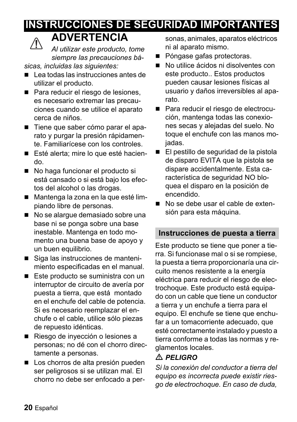 Advertencia, Instrucciones de seguridad importantes | Karcher K 3.91 M User Manual | Page 20 / 52