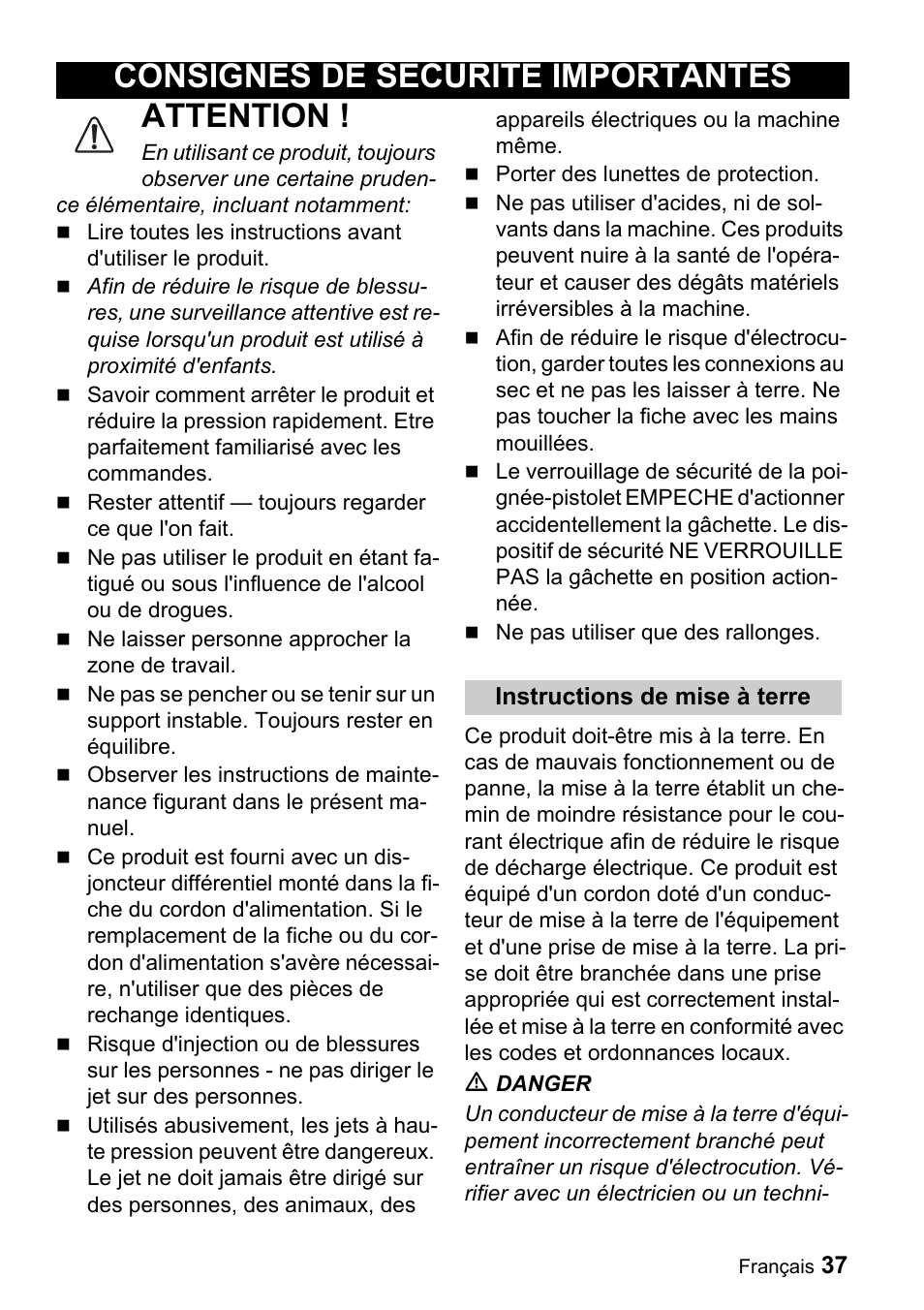 Attention, Consignes de securite importantes | Karcher K 3.91 M User Manual | Page 37 / 52