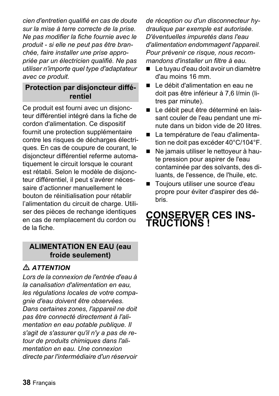 Conserver ces ins- tructions | Karcher K 3.91 M User Manual | Page 38 / 52