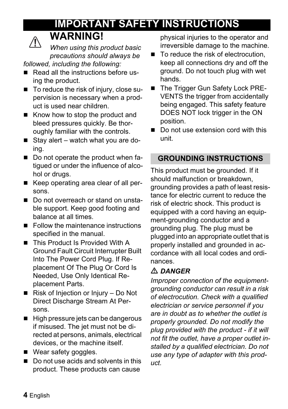 Warning, Important safety instructions | Karcher K 3.91 M User Manual | Page 4 / 52