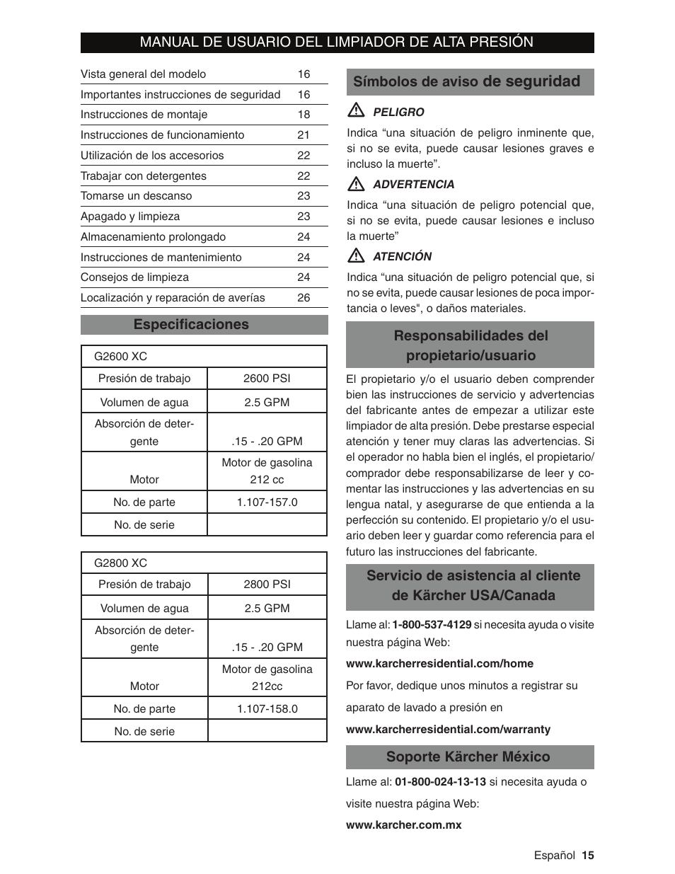 De seguridad, Manual de usuario del limpiador de alta presión | Karcher G2600XC User Manual | Page 15 / 40