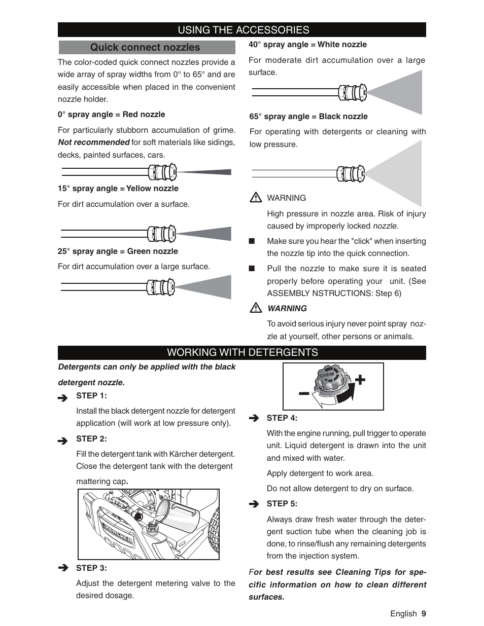 Using the accessories working with detergents, Quick connect nozzles | Karcher G2600XC User Manual | Page 9 / 40