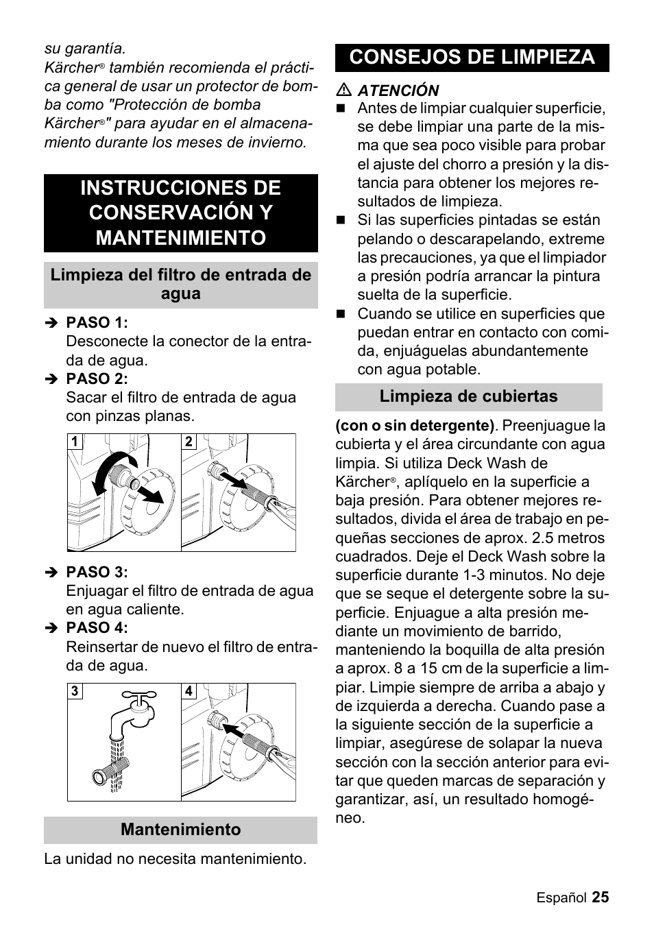 Instrucciones de conservación y mantenimiento, Consejos de limpieza | Karcher K 2.29 User Manual | Page 25 / 48