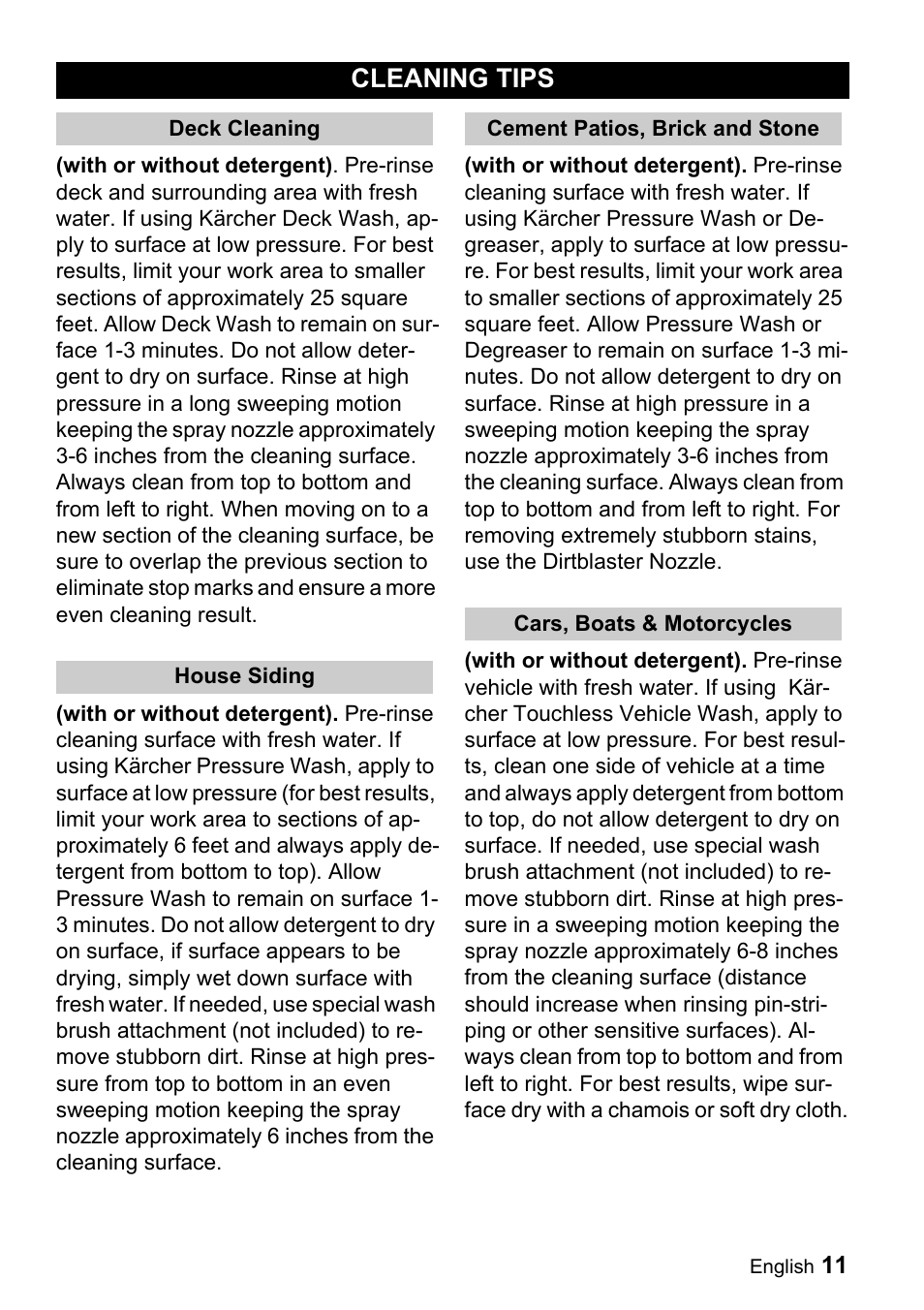 Cleaning tips | Karcher K 3.92 M User Manual | Page 11 / 48