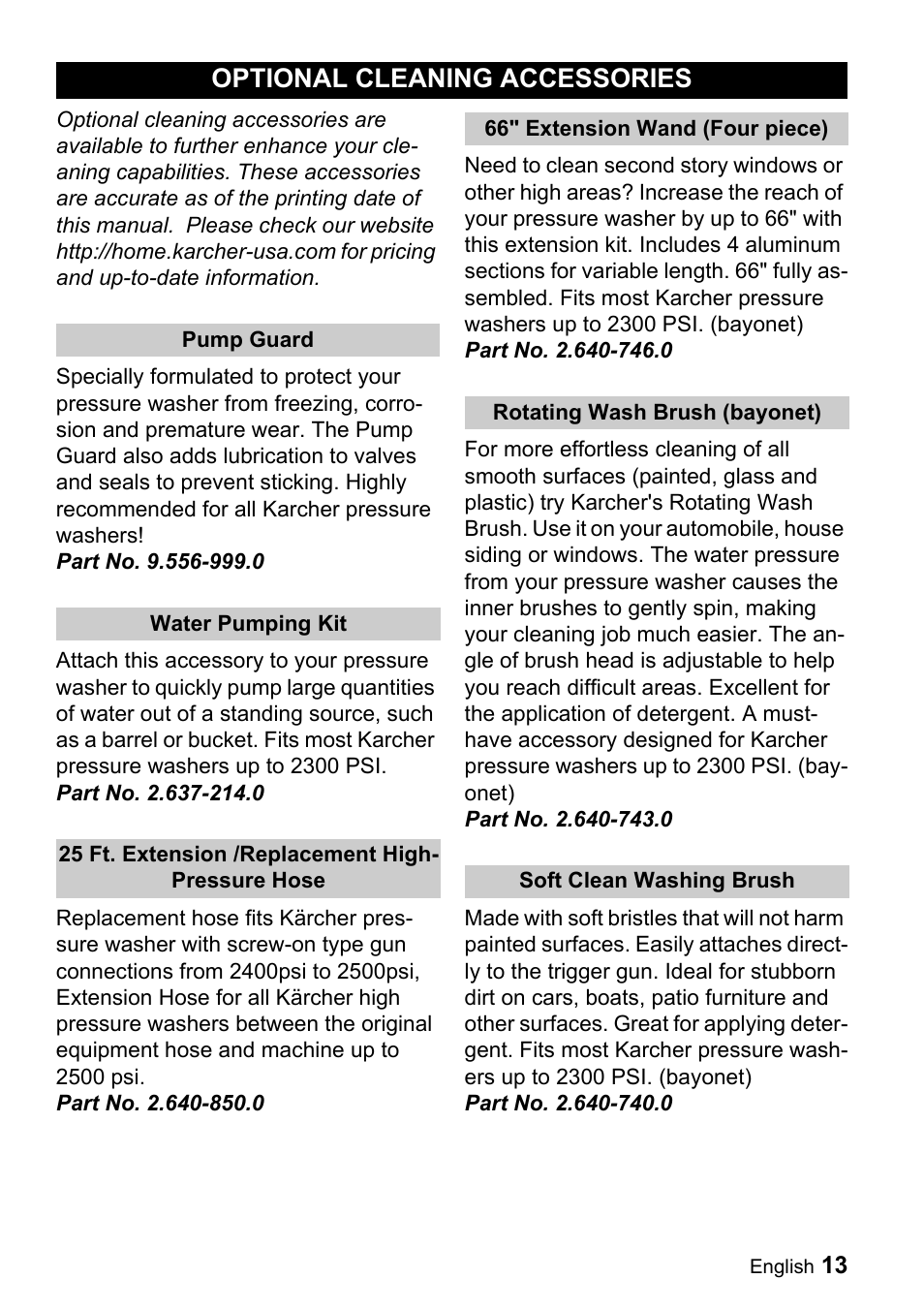 Optional cleaning accessories | Karcher K 3.92 M User Manual | Page 13 / 48