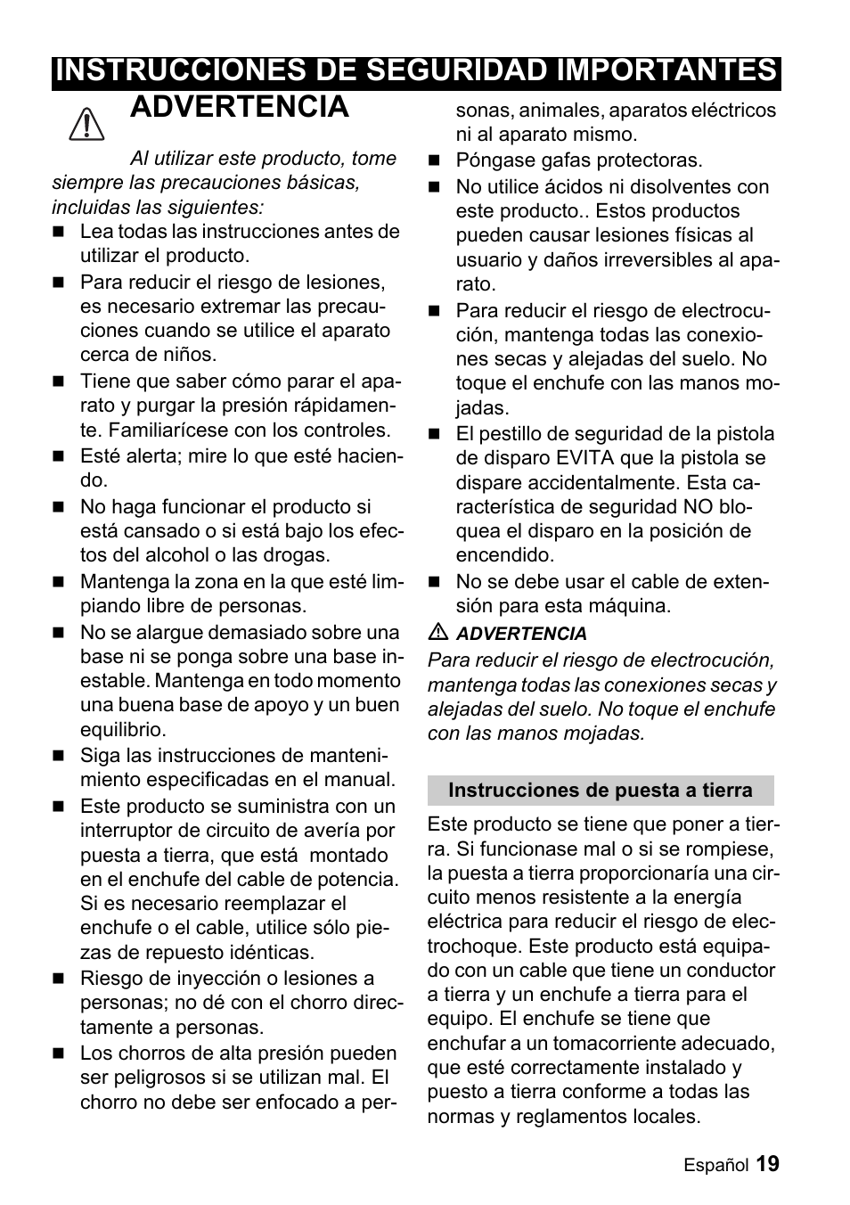 Advertencia, Instrucciones de seguridad importantes | Karcher K 3.92 M User Manual | Page 19 / 48