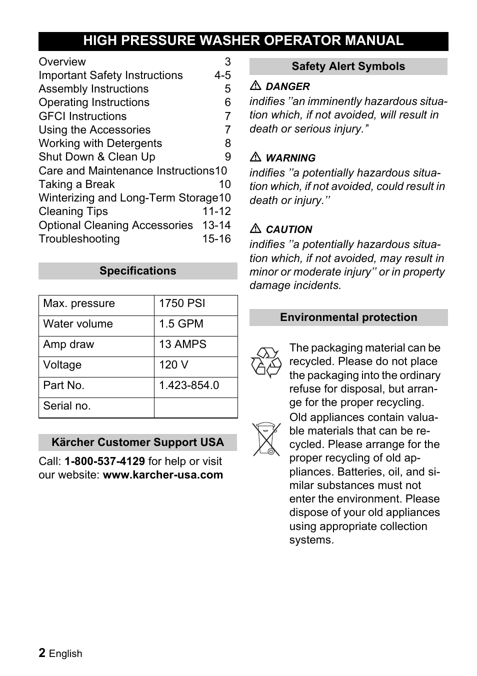 High pressure washer operator manual | Karcher K 3.92 M User Manual | Page 2 / 48