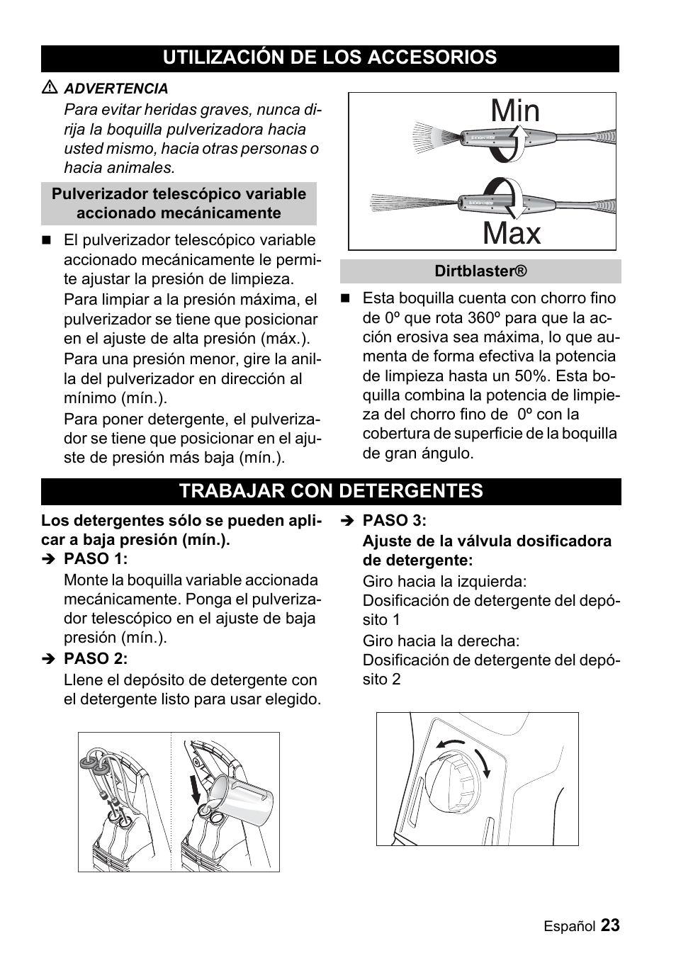 Utilización de los accesorios, Trabajar con detergentes | Karcher K 3.92 M User Manual | Page 23 / 48