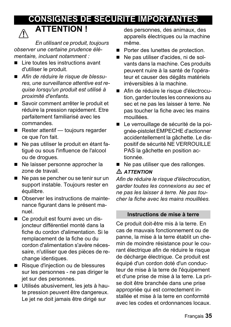Attention, Consignes de securite importantes | Karcher K 3.92 M User Manual | Page 35 / 48